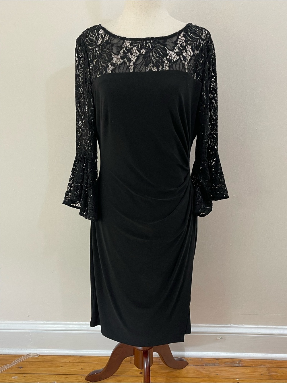 Lauren Ralph Lauren Black Lace Sequin Bell Sleeve Ruched Dress 10